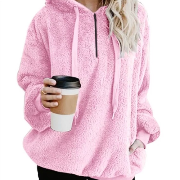 Tops - Pink Hooded Faux Fur Pullover with Pockets